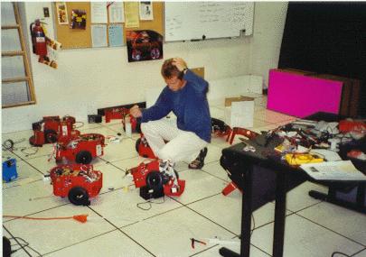 USC, Los Angeles, 2000 Esben is working with a group of Pioneer robots, as part of his research on multi-robot coordination.